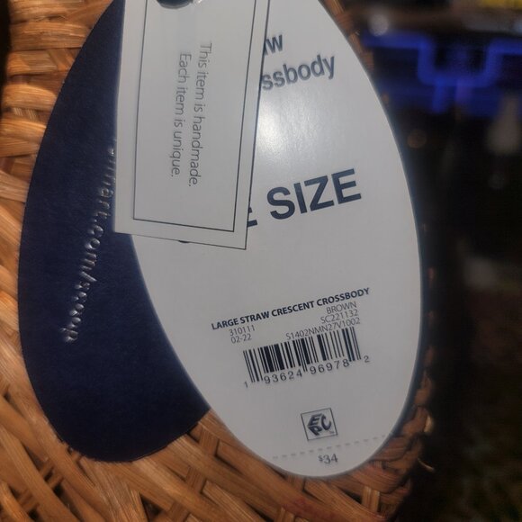 SCOOP Wicker Crescent Crossbody Straw Purse Handbag Basket - Brown Scarf Accent - Picture 6 of 6